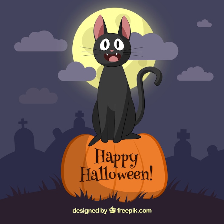 Vector gratuito gato de halloween feliz con calabaza y tumbas