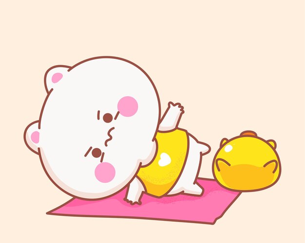 Gato jugando yoga con pato ilustración de dibujos animados