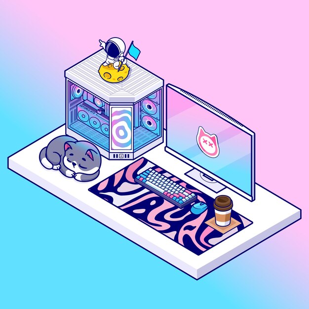 Gato lindo durmiendo en la mesa con computadora dibujos animados icono vectorial ilustración tecnología animal plano