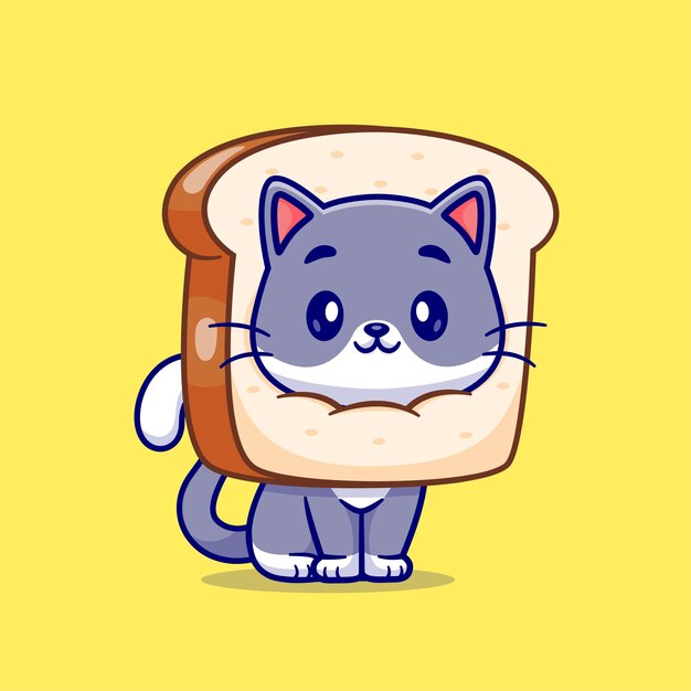 Gato lindo en la ilustración de icono de vector de dibujos animados de pan. Concepto de icono de comida para animales Vector Premium aislado. Estilo de dibujos animados plana