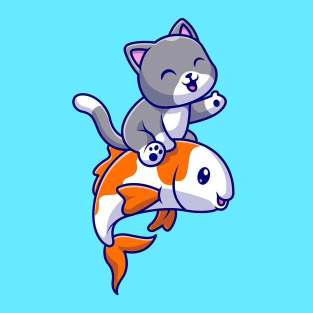 Gato lindo que juega con la ilustración del icono del vector de la historieta de los pescados. Concepto de icono de naturaleza animal aislado