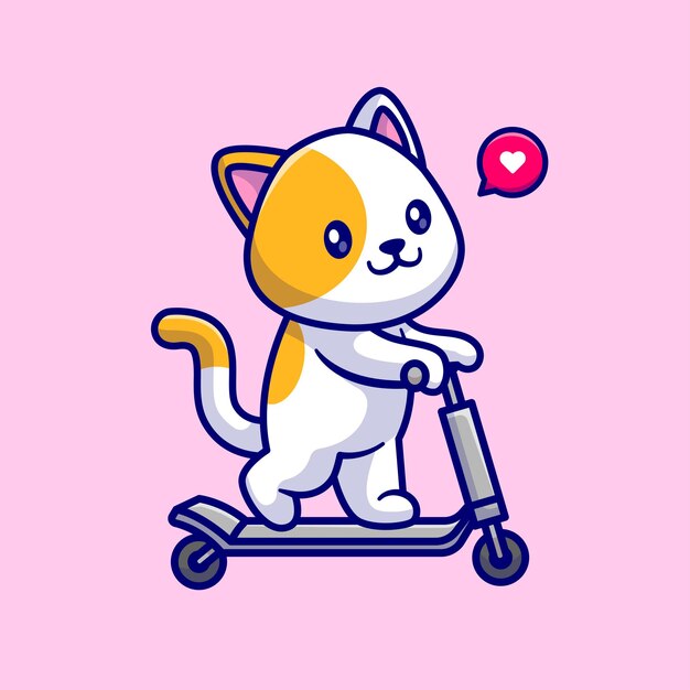 Gato lindo que juega la ilustración del icono del vector de la historieta de la vespa. Icono de transporte de animales plano aislado
