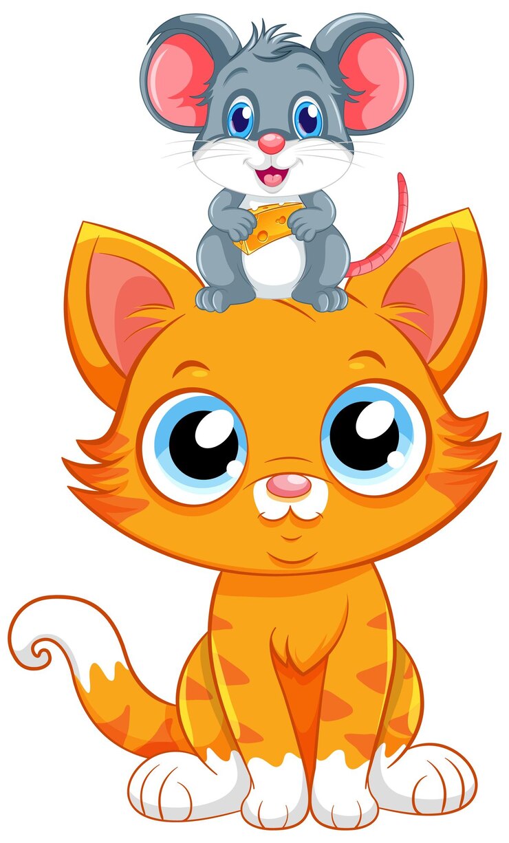 Vector gratuito gato lindo con ratón en estilo de dibujos animados