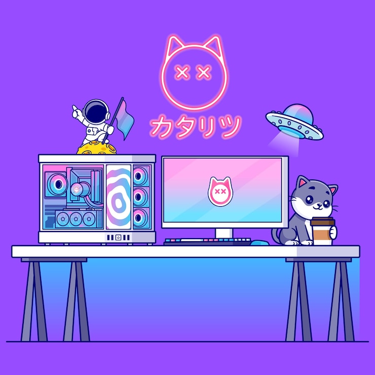 Vector gratuito gato lindo sosteniendo café en la mesa con configuración de computadora icono vectorial de dibujos animados ilustración animal techno