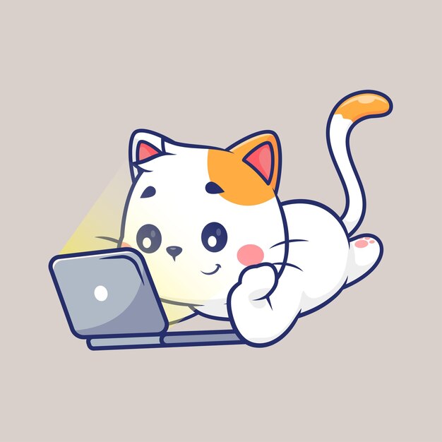 Gato lindo viendo en la computadora portátil icono vectorial de dibujos animados ilustración tecnología animal vector plano aislado