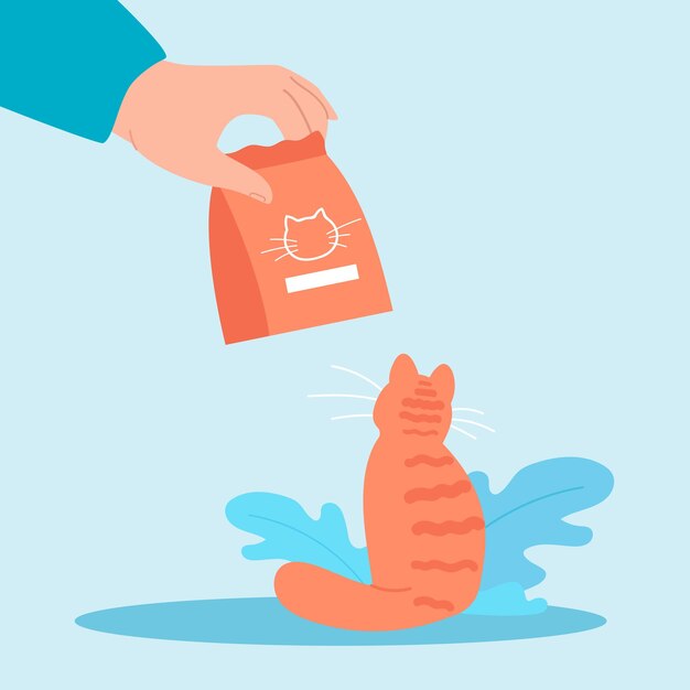 Gato mirando la ilustración de vector plano del paquete de alimentación. Gran mano con alimentos para animales. Propietario alimentando adorable mascota o gatito hambriento. Comida, cuidado, amistad, concepto de compañero.