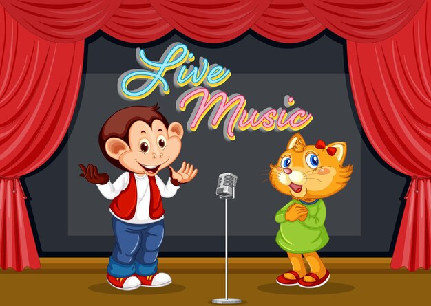 Gato y mono cantando en el escenario.