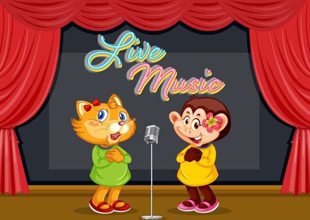 Gato y mono cantando en el escenario.