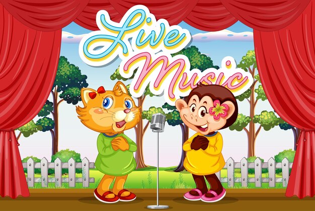 Gato y mono cantando en el escenario.