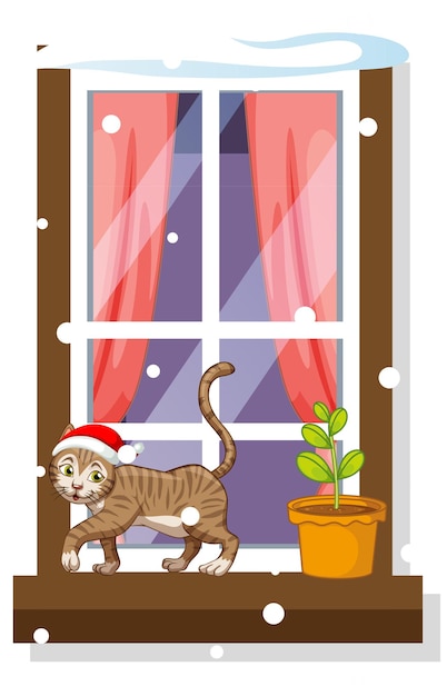 Vector gratuito gato navideño caminando en una ventana estrecha con nieve cayendo