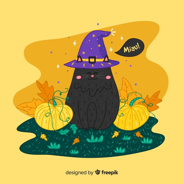 Gato negro adorable de halloween dibujado a mano