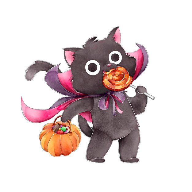 Gato negro comiendo caramelos feliz halloween