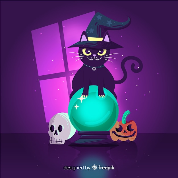 Gato negro con esfera de cristal de bruja