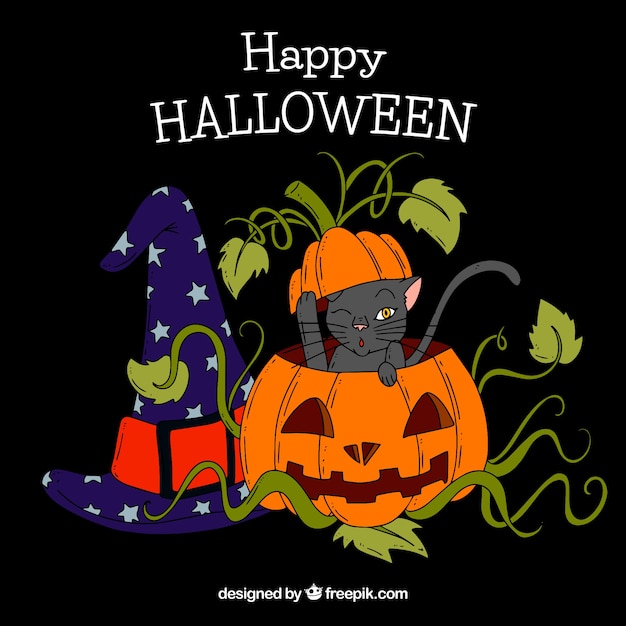 Vector gratuito gato negro fuera de una calabaza