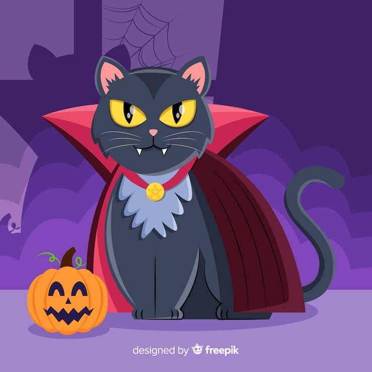 Vector gratuito gato negro de halloween con diseño plano