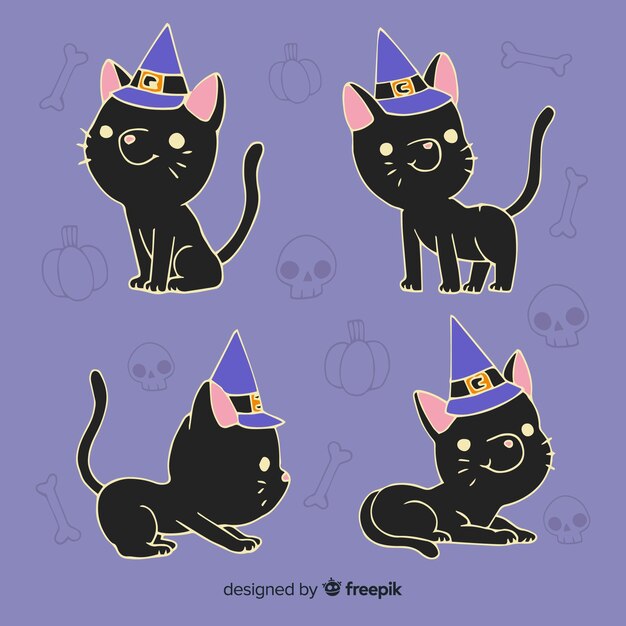 Gato negro con sombrero de bruja dibujado a mano