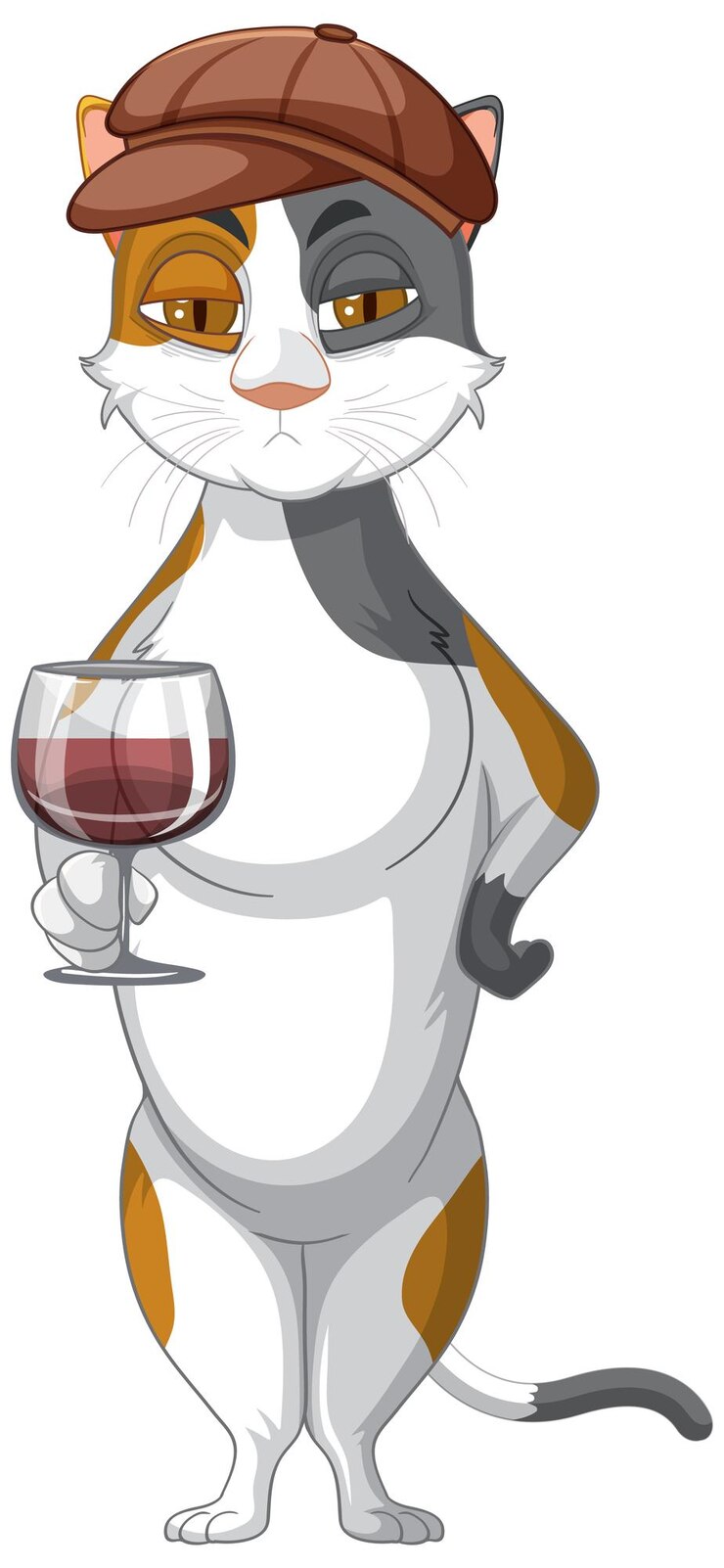 Vector gratuito un gato de pie y bebiendo vino sobre fondo blanco.