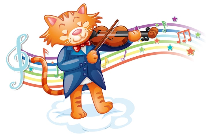 Vector gratuito gato tocando el violín con símbolos de melodía en la onda del arco iris