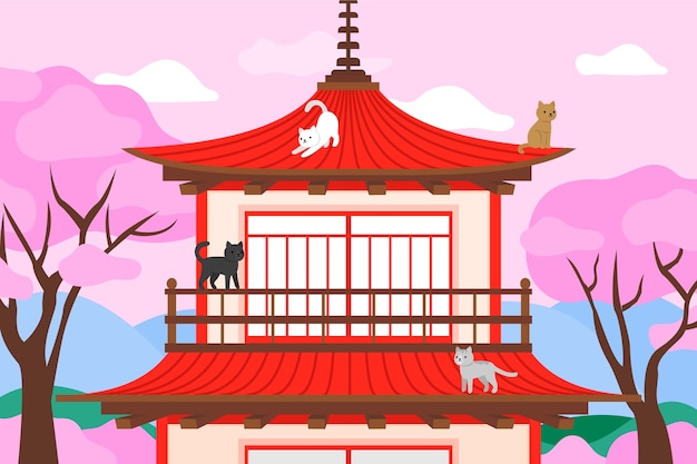 Vector gratuito gatos dibujados a mano en la ilustración de japón