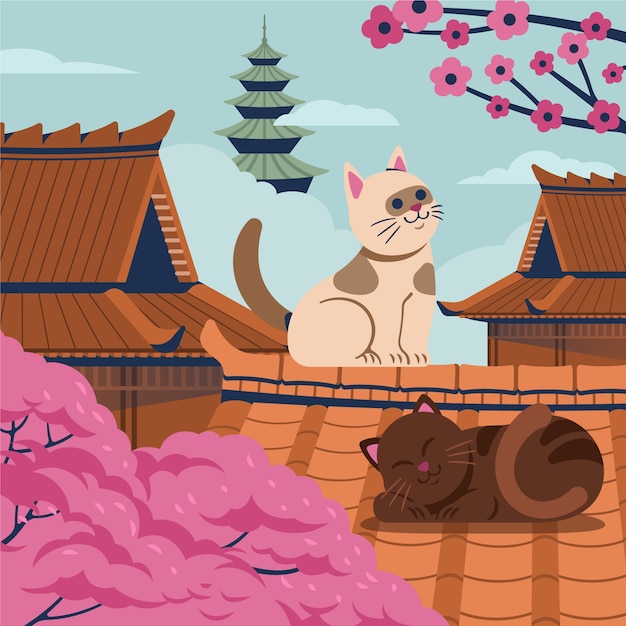 Gatos dibujados a mano en la ilustración de japón
