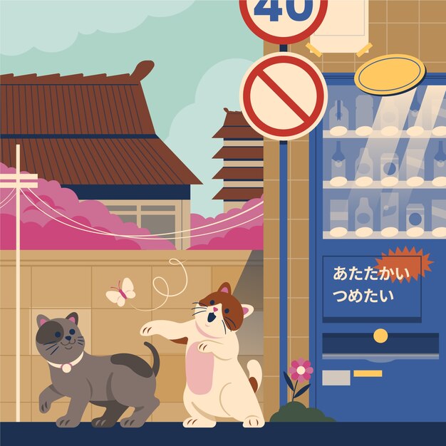 Gatos dibujados a mano en la ilustración de japón