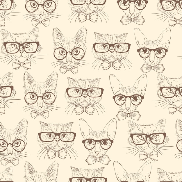 Vector gratuito gatos dibujados a mano de patrones sin fisuras con accesorios hipster