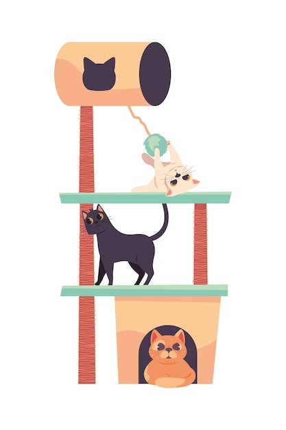 Vector gratuito gatos jugando en mascotas icono de casa aislado