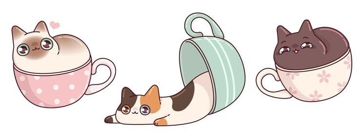 Vector gratuito gatos kawaii en tazas aislados en blanco