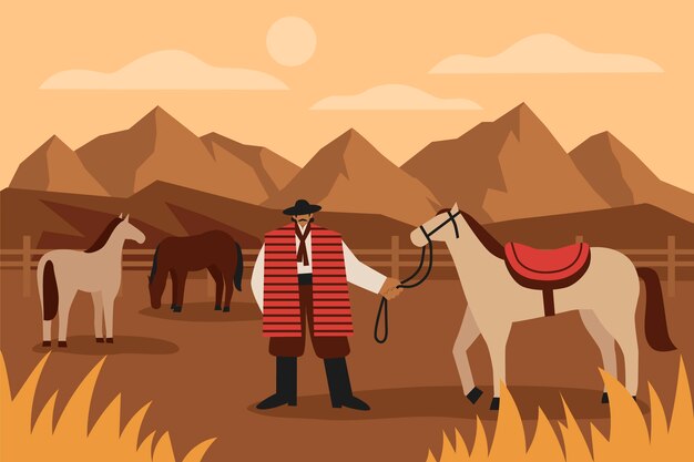 Gaucho con caballo en la ilustración del desierto en estilo plano
