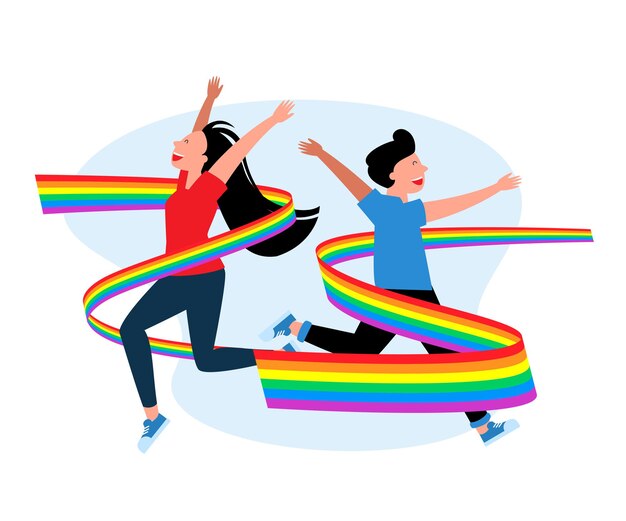 Gays y lesbianas LGBT con banderas del arco iris.
