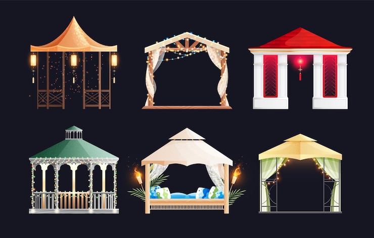 Vector gratuito gazebo en varios estilos por la noche decorado con linternas, antorchas, guirnaldas iluminadas, conjunto plano aislado en la ilustración vectorial de fondo negro