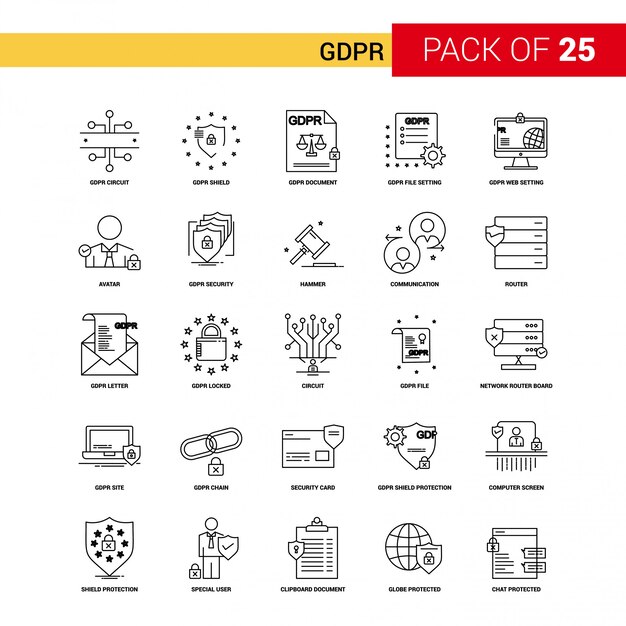 GDPR Black Line Icon - 25 Conjunto de iconos de esquema de negocios