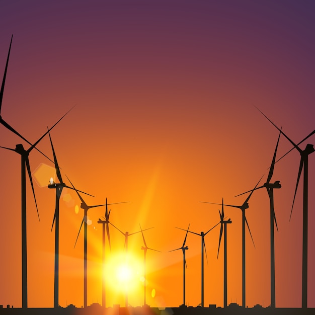 Generadores de molinos de viento eléctricos sobre sunset.