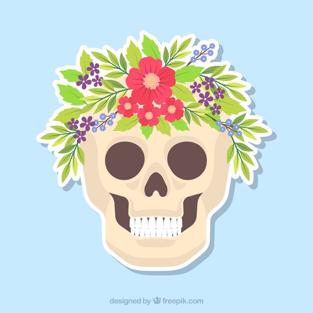Genial calavera plana con flores decorativas