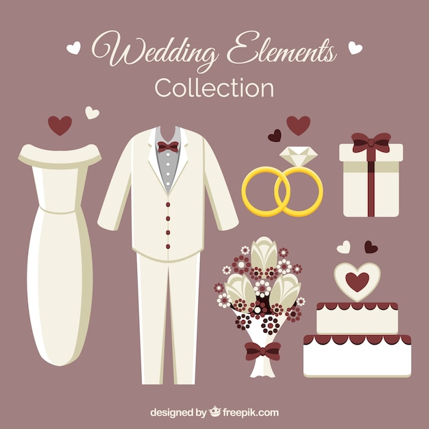 Vector gratuito genial colección de elementos de boda en diseño plano