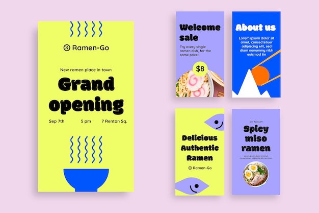 Vector gratuito genial conjunto de historias de instagram de restaurante de ramen