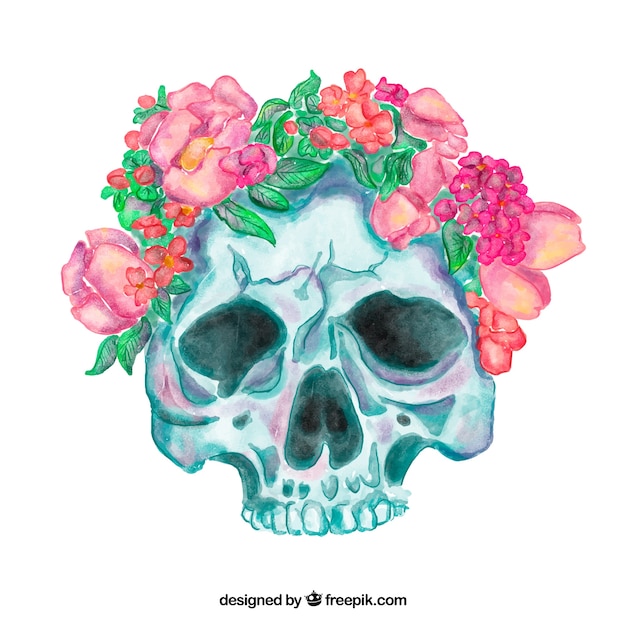 Genial cráneo con flores de acuarela en tonos rosas