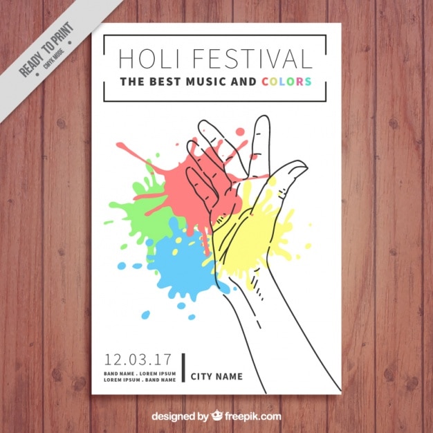 Vector gratuito genial folleto del festival de holi con mano y manchas