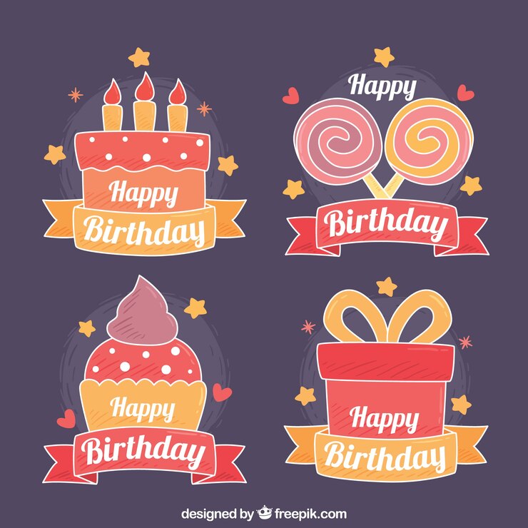 Vector gratuito genial pack de pegatinas de cumpleaños dibujadas a mano