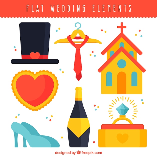 Vector gratuito genial set de artículos de boda planos