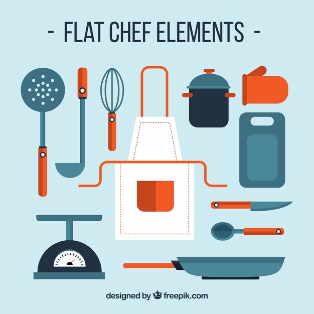 Genial surtido con elementos de cocinero planos con detalles rojos