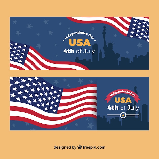 Vector gratuito geniales banners con la bandera americana y siluetas para el día de la independencia