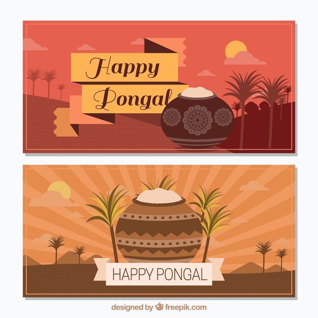 Geniales banners de pongal con tiestos y arroz