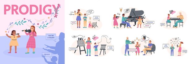 Genius prodigy set con composiciones planas de personajes humanos usando sus talentos con ilustraciones vectoriales de burbujas de pensamiento de texto