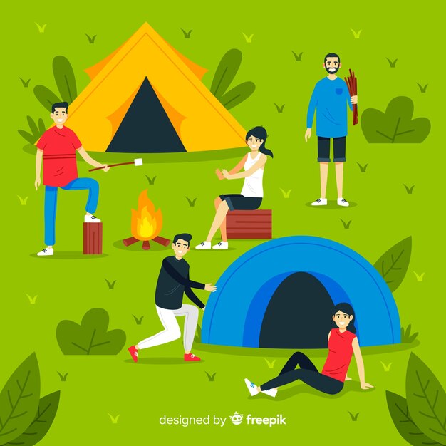Gente acampando en la naturaleza ilustrada
