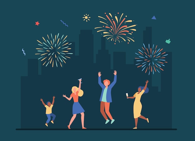 Vector gratuito gente alegre celebrando con colorido saludo. ilustración de dibujos animados