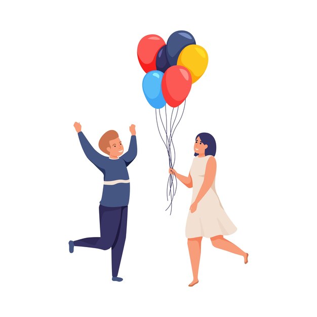 Gente alegre con globos de colores ilustración aislada plana