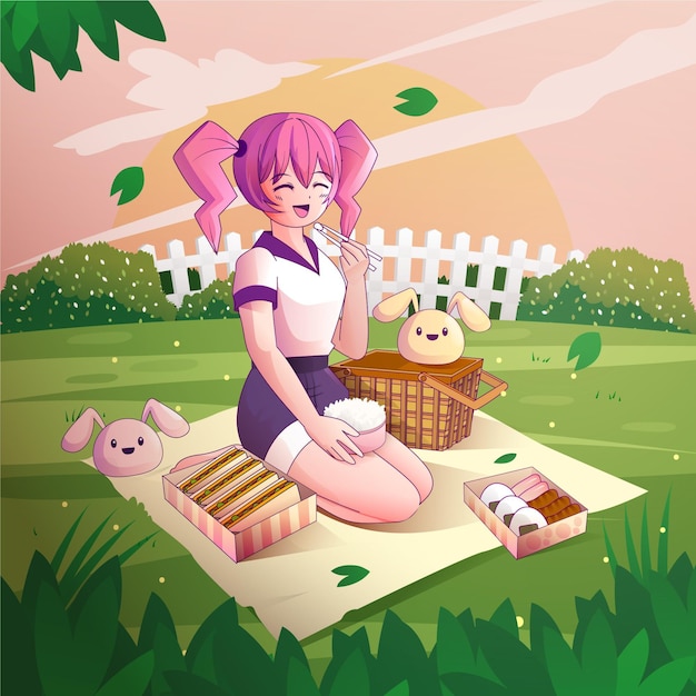 Vector gratuito gente de anime degradado haciendo un picnic