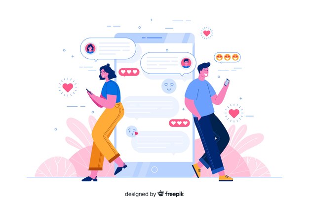 Gente apoyada en el teléfono mientras chatea ilustración del concepto