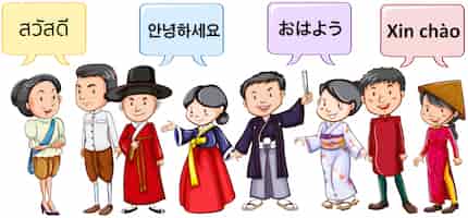 Vector gratuito gente asiática saludando en diferentes idiomas.